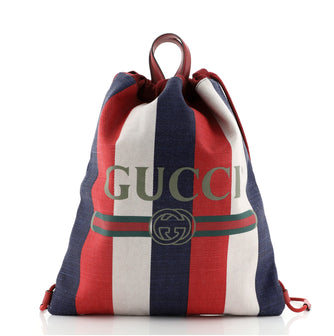 Gucci Logo Drawstring Backpack Striped Canvas Large