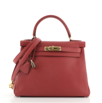 Hermes Kelly Handbag Red Courchevel with Gold Hardware 28