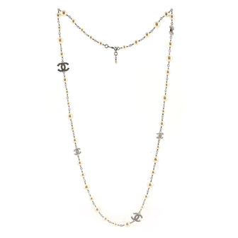 Chanel CC Long Necklace Faux Pearls and Crystal Embellished Metal
