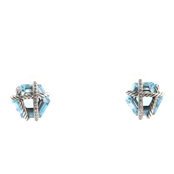 David Yurman Cable Wrap Stud Earrings Sterling Silver with Diamonds and Blue Topaz