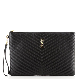 Saint Laurent Classic Monogram Wristlet Pouch Matelasse Chevron Leather Large