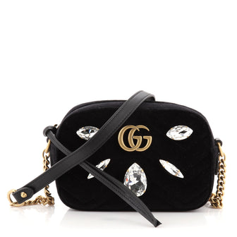 Gucci GG Marmont Shoulder Bag Crystal Embellished Matelasse Velvet Mini