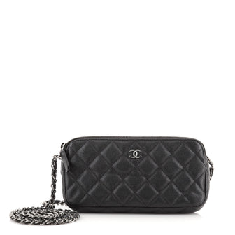 Double Zip Clutch with Chain Quilted Caviar