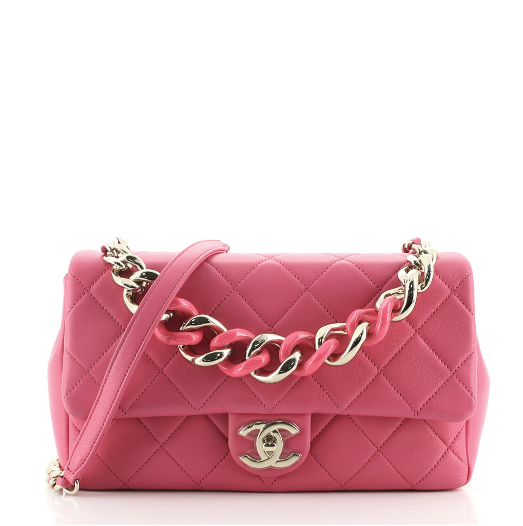 Chanel Resin Elegant Chain Flap Bag Quilted Lambskin Large Pink