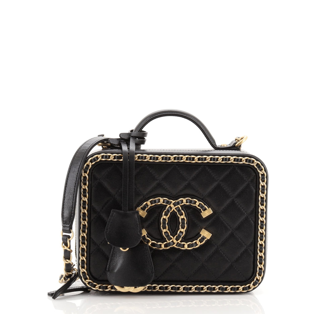 CHANEL Caviar Quilted CC Filigree Vanity Clutch With Chain Beige Black |  FASHIONPHILE