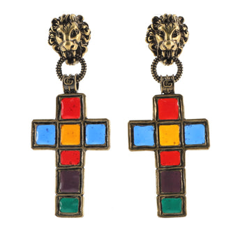 Gucci Lion Head Cross Drop Clip-On Earrings Metal with Enamel