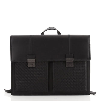 Bottega Veneta Pushlock Flap Backpack Leather with Intrecciato Detail Large