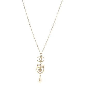 Chanel CC Crest Drop Pendant Necklace Metal with Faux Pearl and Resin