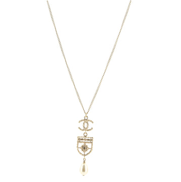 Chanel CC Crest Drop Pendant Necklace Metal with Faux Pearl and Resin