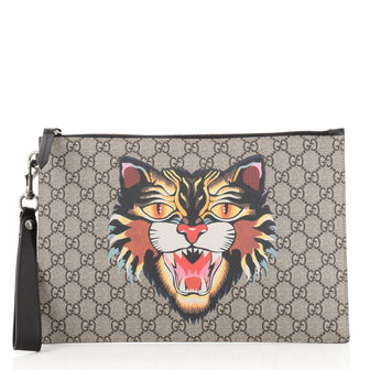 Gucci Zipped Pouch Angry Cat GG Coated Canvas Large