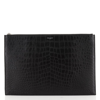 Saint Laurent Zip Pouch Crocodile Embossed Leather Large