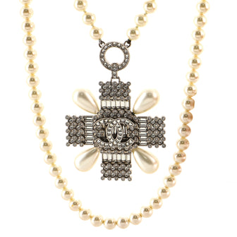 Chanel CC Cross Pendant Long Necklace Metal with Faux Pearl and Crystal
