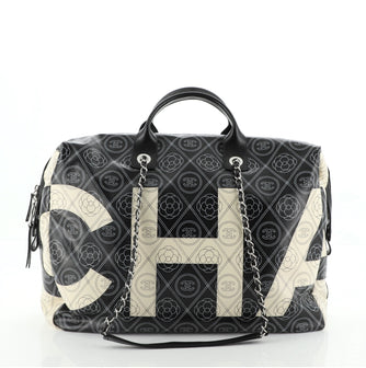 Chanel Logo Camellia Bowling Bag Printed Coated Canvas Large