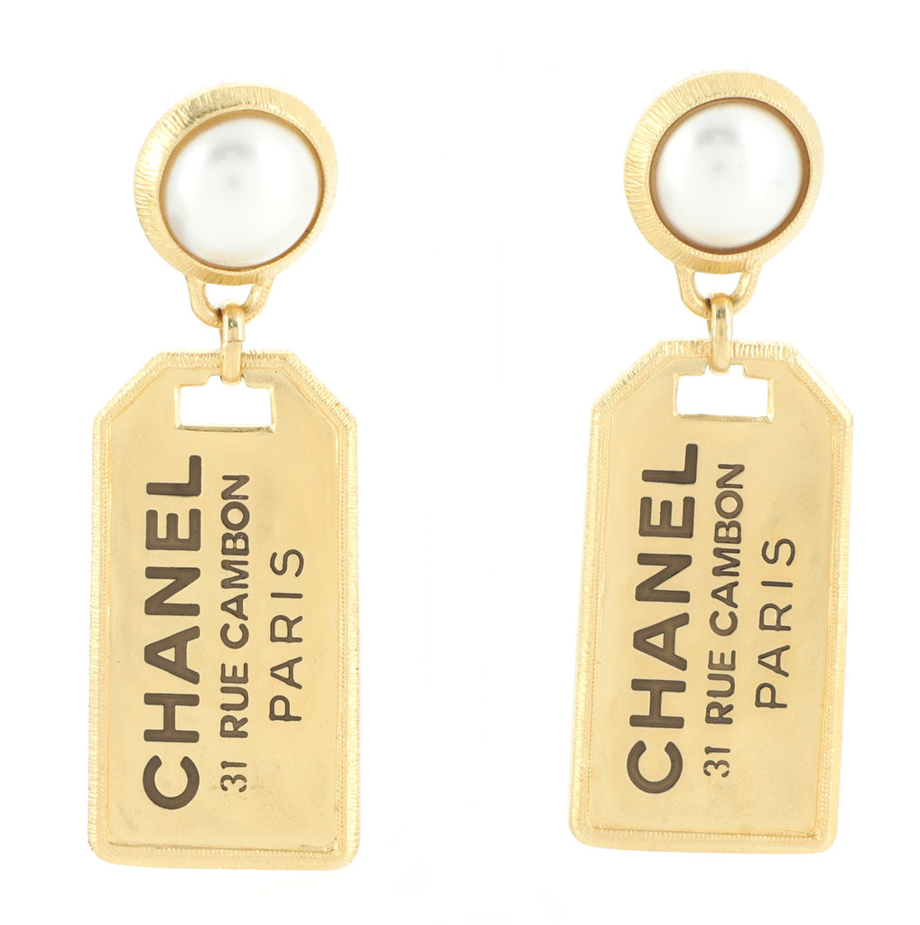 Chanel Logo Tags Drop Earrings Metal with Faux Pearls Gold 739626