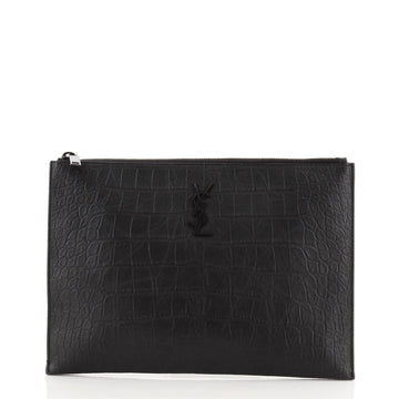 Saint Laurent Classic Monogram Zip Pouch Crocodile Embossed Leather Medium