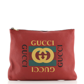 Gucci Logo Zip Pouch Printed Leather Medium