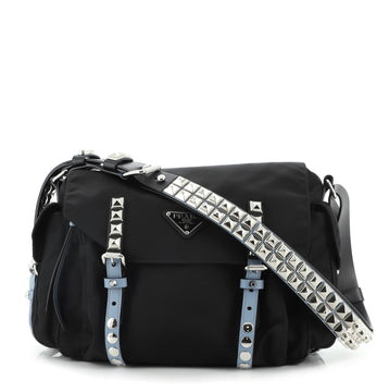 Prada New Vela Flap Messenger Bag Tessuto with Studded Leather Medium