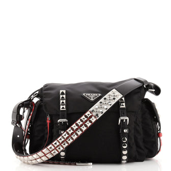 Prada New Vela Flap Messenger Bag Tessuto with Studded Leather Medium