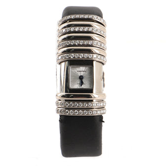 Cartier Declaration 6 Row Pave Diamond Quartz Watch White Gold and Titanium with Diamonds and Satin 16