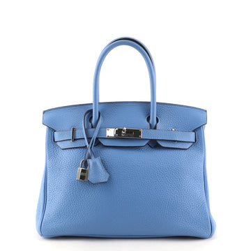Hermes Birkin Handbag Blue Clemence with Palladium Hardware 30