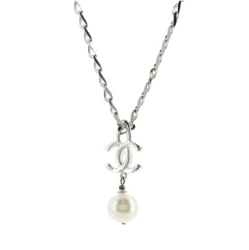 Chanel CC Drop Pendant Necklace Metal with Faux Pearl