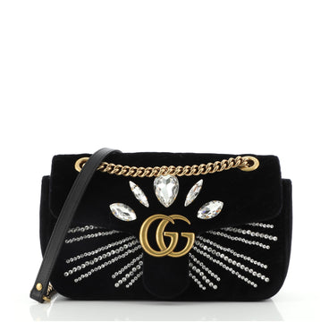 Gucci GG Marmont Flap Bag Crystal Embellished Matelasse Velvet Medium