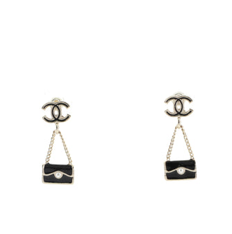 Chanel Dangling Flap Bag Stud Earrings Metal with Enamel and Faux Pearl