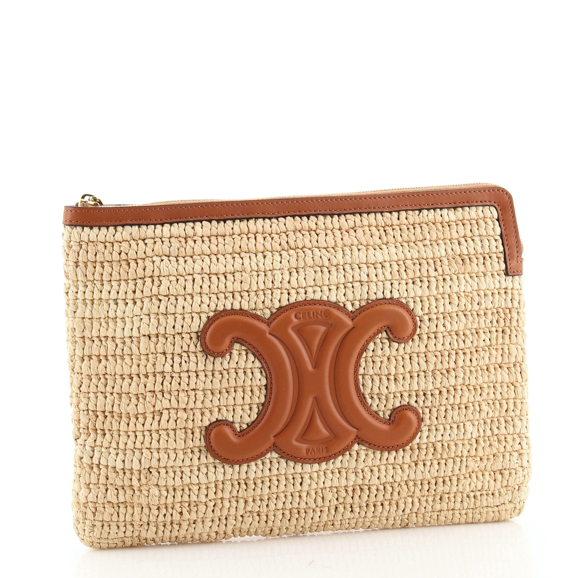 Celine Triomphe Zip Pouch Woven Raffia Small Neutral 7440548