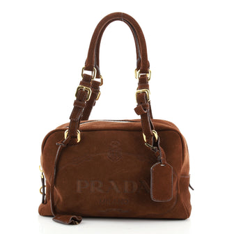 Prada Embossed Logo Bauletto Bag Suede Medium