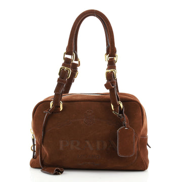 Prada Embossed Logo Bauletto Bag Suede Medium