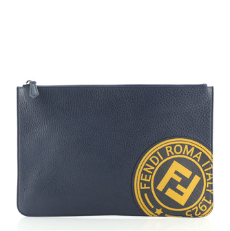Fendi FF Logo Stamp Zip Pouch Printed Leather Medium