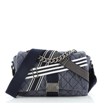 Chanel Airlines Buckle Messenger Bag Quilted Denim Medium