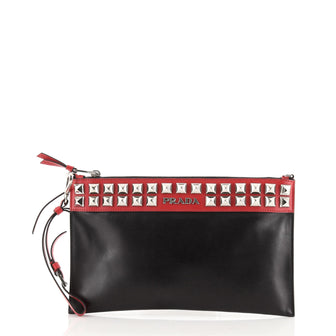 Prada Wristlet Zip Pouch Studded City Calf Medium