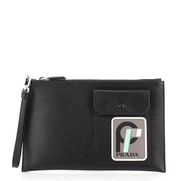 Prada Logo Patch Zip Pouch Saffiano Leather Medium