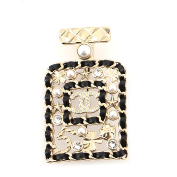 Chanel Perfume Bottle Brooch Metal and Leather with Faux Pearls and Crystals
