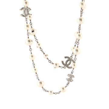 Chanel CC Long Necklace Faux Pearls and Crystal Embellished Metal