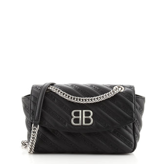 Balenciaga BB Chain Round Shoulder Bag Quilted Embroidered Leather Medium