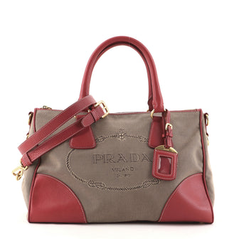 Prada Logo Double Zip Tote Canvas and Saffiano Leather Large