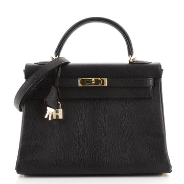 Hermes Kelly Handbag Black Chevre de Coromandel with Gold Hardware 32