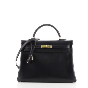 Hermes Kelly Handbag Blue Box Calf with Gold Hardware 35