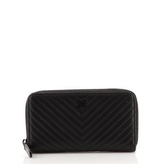 Chanel So Black Zip Around Wallet Chevron Lambskin Small