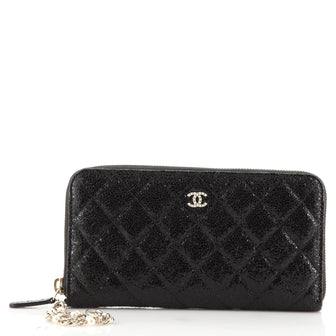 Chanel Zip Around Wallet with Pearl Chain Quilted Glazed Crackled Leather Long