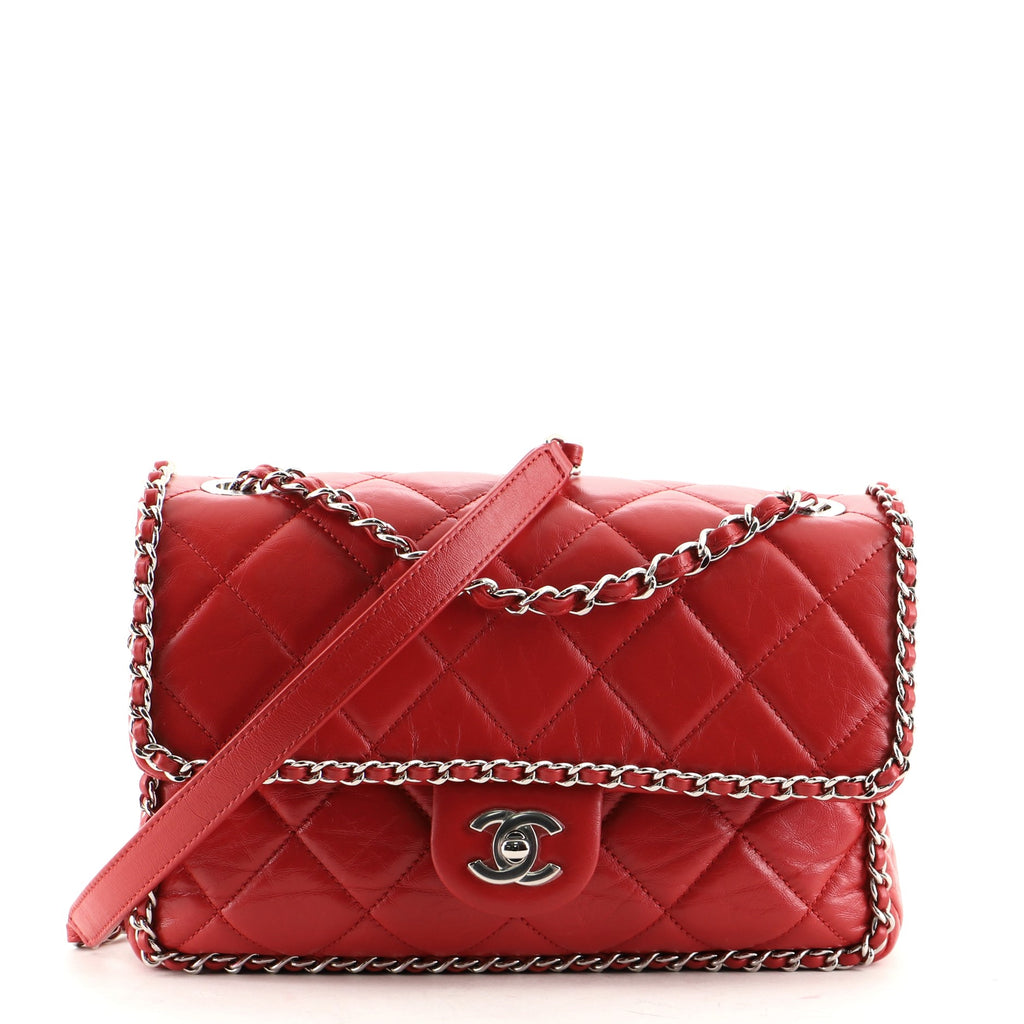 Chanel Running Chain Around Flap Bag Quilted Crumpled Calfskin Medium Red  754472