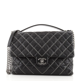Chanel CC Top Handle Chain Flap Bag Chevron Stitched Calfskin Jumbo