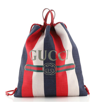 Gucci Logo Drawstring Backpack Striped Canvas Large