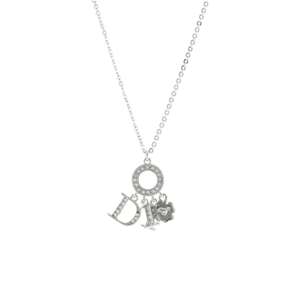 Christian Dior Clover Spellout Pendant Necklace Metal with Crystal Silver  7568618