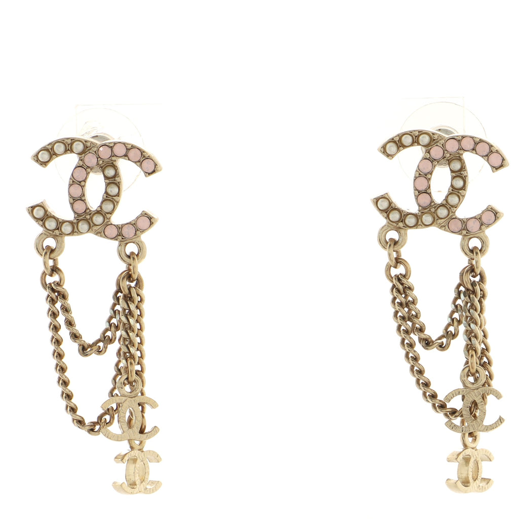 Chanel CC Dangling Chain Earrings Metal with Faux Pearls Gold 7568626