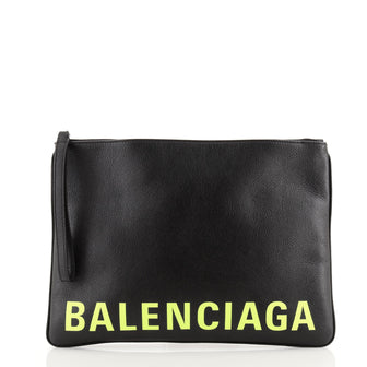 Balenciaga Logo Ville Wristlet Pouch Leather Large