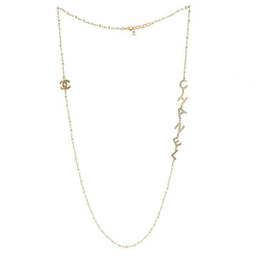 Chanel Logo Necklace Crystal Embellished Metal and Faux Pearls Long