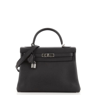 Hermes Kelly Handbag Black Clemence with Palladium Hardware 32